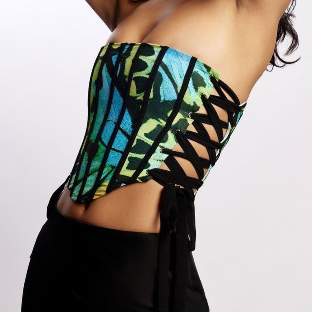 Meshki Butterfly Print Corset Green and Teal Blue size XS Y2K Festival Crop Top - Picture 11 of 11